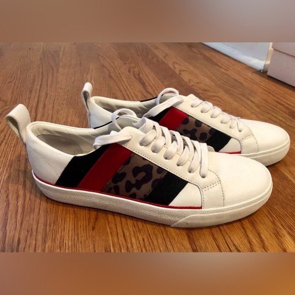 Diane von Furstenberg Leather Sneakers with Black, Red & Leopard Stripe Size 8 - Picture 2 of 6
